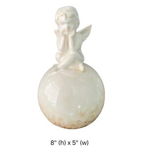 Cherub Angel Sitting on Sphere Figurine Ivory Ceramic Desk Shelf Decor 8in